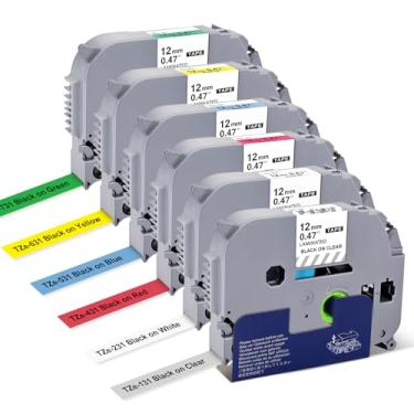 Imagem de Pacote com 6 fitas coloridas de substituição para rotulador Brother TZ Tape 12 mm 0,4 pol. Cor laminada TZe-231 TZe131 TZe431 TZe531 TZe631 TZe731 para rotulador P-Touch PT-D210 PTD400 PT-H100