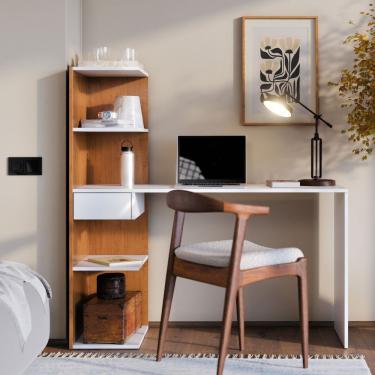 Imagem de Escrivaninha Infinity Home Office Funcional Com Gaveta E Prateleiras Moderna Para Escritório E Estudo Branco Canela