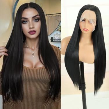 Imagem de PHOCAS Peruca frontal sintética preta longa 33 x 7,5 cm pré-arrancada com cabelo de bebê 71 cm Liso HD Lace Frontal Perucas realistas de cabelo natural para mulheres