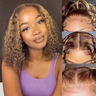 Imagem de Yijimei Peruca de cabelo humano Ombre Bob Highlight 13x4 HD Transpaent Lace Water Wave Front Wigs para mulheres negras 4/27 loiro mel peruca bob curta pré-arrancada 180% densidade (4/27 13x4 águas