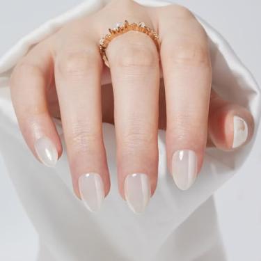 Imagem de Unhas curtas de pressão – Findigit Press On Nail, unha falsa de amêndoa curta branca com cola de unha, ajuste perfeitamente natural reutilizável em 16 tamanhos – Kit de 32 colas, brilhante amêndoa