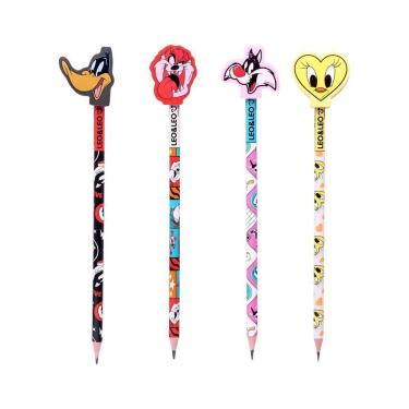 Imagem de Kit 4 Lápis Hb Com Borracha Escolar Looney Tunes Leo & Leo