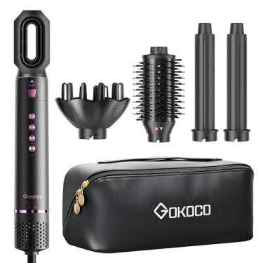 Imagem de GOKOCO Escova Secador de Cabelo Profissional 5 em 1 - Kit Modelador com Bocal, Difusor, Escova Secadora, 2 Modelador de Cachos, íons Negativos Alta Velocidade Para Secar, Alisar e Enrolar, GD031 220v Preto