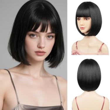 Imagem de Peruca Bob com franja plana inclui touca de cabelo preto de 30,5 cm de fibra sintética tamanho ajustável para mulheres, crianças, festa de Halloween, perucas coloridas
