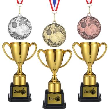 Imagem de Quelay O conjunto de 6 medalhas e troféus de peru de Ação de Graças inclui medalhas de peru de cobre e prata de 5 cm, 3 peças, ouro, prata, cobre, peru, e 17 cm, 3 troféus de plástico dourado com 3