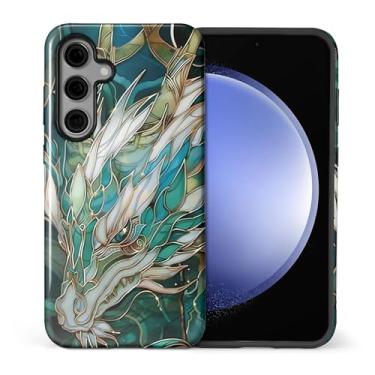 Imagem de CARLOCA Compatível com Samsung Galaxy S24 Capa protetora brilhante de corpo inteiro para meninas e meninos à prova de choque moda padrão de estética azul-petróleo dragão branco vitral