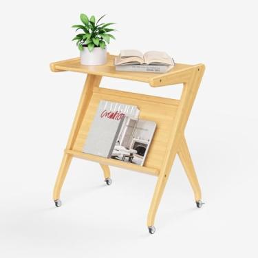 Imagem de Auroral Zone Mesa de canto de madeira maciça de bambu, pequena mesa lateral rolante ao lado do sofá, mesa de cabeceira para sofá, café, quarto, sala de estar (formato ZY, natural)