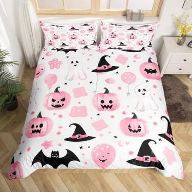 Imagem de jejeloiu Capa de edredom infantil para decoração de Halloween tamanho casal desenho animado fantasma conjunto de cama para meninos meninas abóboras conjunto de cama 3 peças decorações assustadoras de