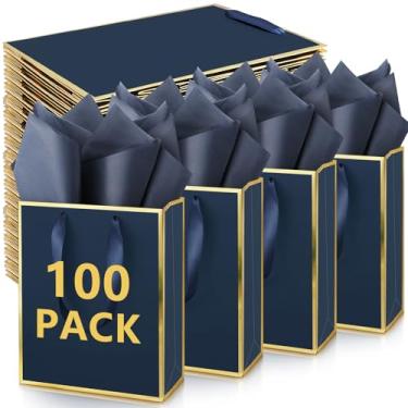 Imagem de Yeaqee Pacote com 100 sacos de presente metálicos com alça e papel de seda azul marinho dourado bolsa de boas-vindas para convidados de casamento, festa de outono, Natal, dama de honra, padrinhos, chá