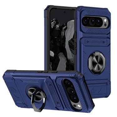 Imagem de SORAKA Capa para Google Pixel 9 Pro XL com suporte de anel para cartão de metal compatível com suporte magnético para celular para carro capa de proteção contra choque e queda azul
