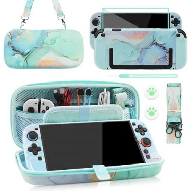 Imagem de PAWDIARY Bolsa de viagem Green Marble Switch 2 2025, com capa protetora de policarbonato rígido para console Nintendo Switch 2 2025, protetor de tela HD, alça de ombro ajustável, 2 lindas tampas Thump