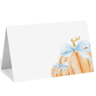 Imagem de 24 peças de pequenos cartões de lugar de abóbora, laço de abóbora com tema de buffet de outono e cartões de nome de barraca para chá de bebê e decoração de mesa de festa de aniversário suprimentos