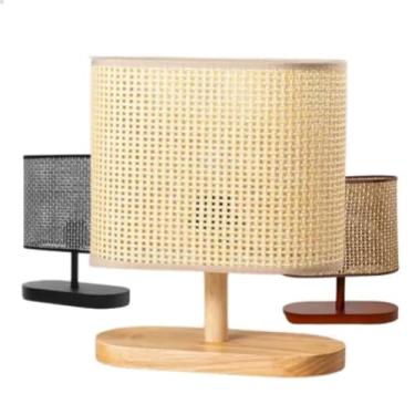 Imagem de Luminária de Mesa Minimalista 30cm com Base em Madeira e Cúpula de Palha Natural – Abajur Decorativo(Bege)