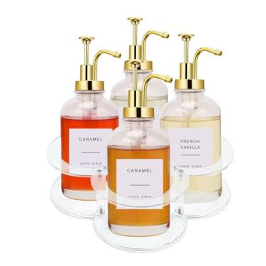 Imagem de Gdfjiy Organizador de xarope de café, 4 garrafas, suporte de xarope de acrílico, suporte para garrafa de xarope para estação de café, xaropes de café de bancada, condimentos e armazenamento de vinho