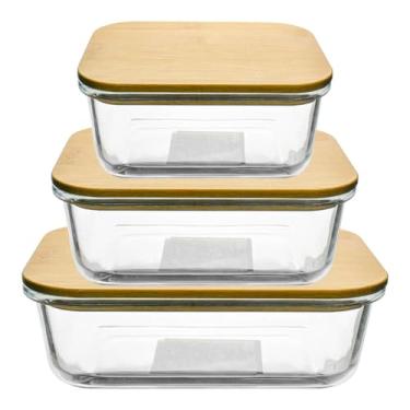 Imagem de Jogo de Potes Herméticos em Vidro Retangular Tampa em Bambu 3 peças - Vista Home