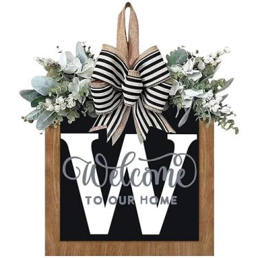 Imagem de Guirlanda de porta da frente com sobrenome de 35 cm, guirlanda de porta de boas-vindas com 26 letras para porta da frente externa, guirlanda de boas-vindas e eucalipto e laço adequado para todas as