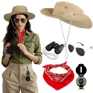 Imagem de Mepase 5 peças de fantasia de safári para mulheres adultas safári zoo Keeper Explorer acessórios incluem chapéu balde de sol, binóculos, óculos de sol, bússola e cachecol de pescoço para cosplay de