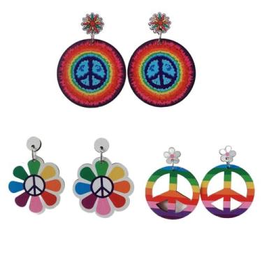 Imagem de 3 pares de brincos femininos com símbolo de sinal de paz floral, boêmio, moderno, coringa tie dye, acessórios de joias coloridas, zinco de madeira, sem pedra preciosa, Madeira e zinco, Sem pedra