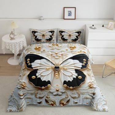 Imagem de Conjunto de edredom infantil com borboleta 3D, tamanho Queen, flores douradas, vintage, decoração de quarto de meninas e mulheres, edredom rústico para casa de fazenda, preto e branco, 2 fronhas