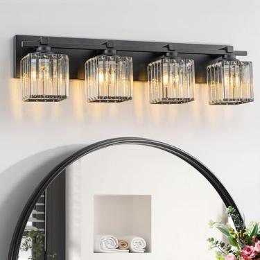 Imagem de BrkNit Luminárias De Cristal Para Banheiro, 4 Pretas Penteadeira Sobre Espelho Com Cúpulas, Modernas Armário E Lavabo
