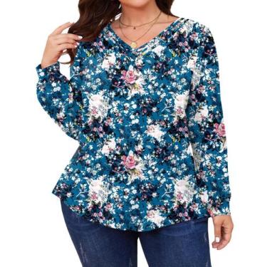 Imagem de Camiseta TFSDOD oversized para mulheres plus size azul floral 5GG