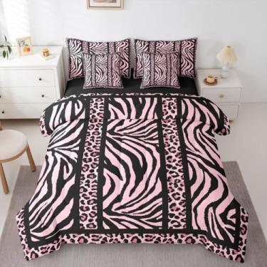 Imagem de Feelyou Conjunto de edredom com estampa de zebra e leopardo, 7 peças, Queen, rosa, preto, leopardo, para crianças, meninos, meninas, decoração de quarto, microfibra leve e macia