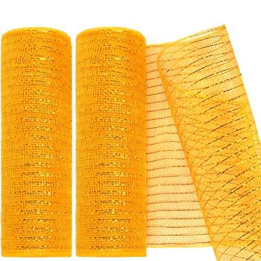 Imagem de MIKIMIQI Pacote com 2 unidades de fita decorativa de malha decorativa de 25,4 cm x 7,6 m com fita decorativa de folha metálica para grinaldas de primavera, artesanato, decoração de festa (ouro claro)