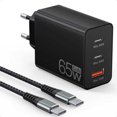 Imagem de Carregador USB C de 65 W,carregador rápido USB de 3 portas com cabo de carregamento de 2 m,fonte de alimentação USB C para MacBook Air Pro M1/M2,iPhone 16 Pro/Max/15/14,Galaxy,tablet,laptop,etc.