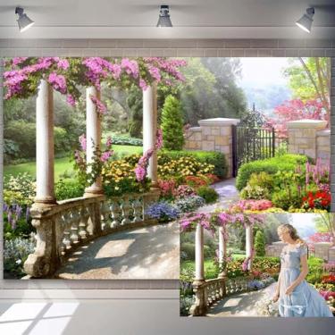 Imagem de 2,4 x 1,8 m, cenário romântico de jardim secreto para fotografia de jardim, pilares de arquitetura vintage, plantas verdes, flores coloridas desabrochando, papel de parede, decoração de quarto