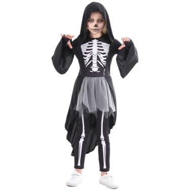 Imagem de Fantasia infantil de esqueleto de Halloween, fantasia de ceifador da meia-noite para meninas, vestido com capuz com legging e luvas para festa de Halloween, Preto, 10-12 Year old