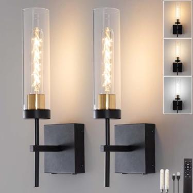 Imagem de Arandelas de parede, arandela operada por bateria de 8000 mAh, preta, carga rápida, resistência, 100 horas, infinitamente regulável, 2 lâmpadas de temperatura de cores com controle remoto, luzes de