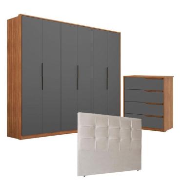 Imagem de Guarda Roupa 6 Portas Atrice E Cômoda Atria Amêndola Grafito Com Cabeceira Luiza 140 Cm Marfim