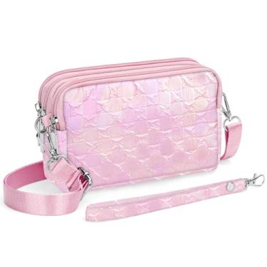 Imagem de YINHEXI Bolsas transversais pequenas para mulheres, 3 zíperes pequena bolsa transversal de nylon para viagem, bolsa carteira de celular para mulheres, Rosa iridescente