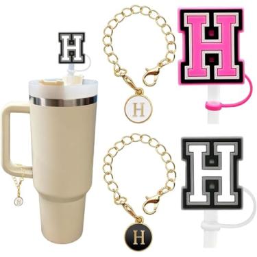 Imagem de Pacote com 4 capas de canudo de letras de silicone para copos Stanley, tampas de palha do alfabeto reutilizáveis, acessórios personalizados para garrafa de água (letra H)