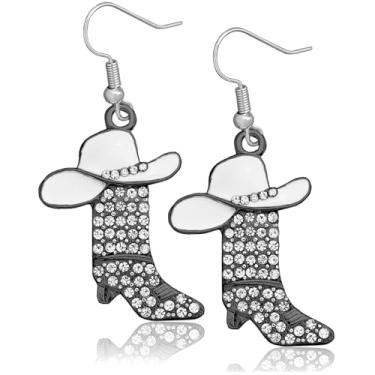 Imagem de Western West Cowgirl Texas Boots Spur Brincos pendentes Country Concert Outfit Accessories Rodeo Boho fantasia vestido chique, botas pretas, chapéu branco