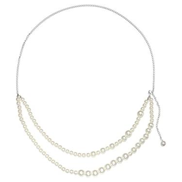 Imagem de Temperamento feminino vintage corrente corporal pérola geométrica cintura acessórios para o corpo camisa cinto terno, Branco, 40cm+75cm