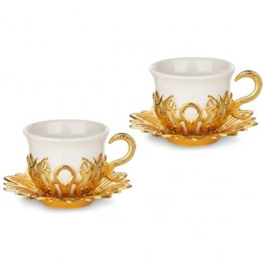 Imagem de Alisveristime Conjunto de xícaras de café turco de 2 peças com suportes e pires de Zamac – Design elegante otomano com 2 opções de cores (ouro)