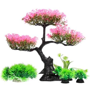 Imagem de Garneck Conjunto de decoração de árvore de cerejeira rosa e grama - Plantas artificiais de aquário para decorações de aquários de peixes