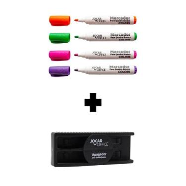 Imagem de Kit Caneta Pincel Marcador Quadro Branco 4 Cores + Apagagor Magnético 
