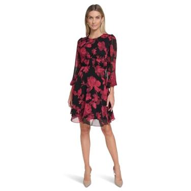 Imagem de Calvin Klein Vestido feminino de chiffon, manga comprida, gola redonda, comprimento até o joelho, multicor, 48