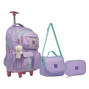 Imagem de Kit Mochila Feminina De Rodinha Juvenil Escolar Com Chaveiro Urso Aber