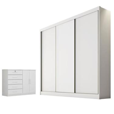 Imagem de Guarda Roupa Casal e Cômoda Logan Seul 5 Portas 8 Gavetas em MDF e MDP com Prateleiras...