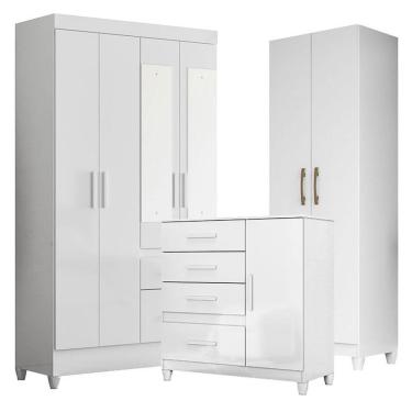 Imagem de Guarda Roupa Com Espelho Infantil Madri Com Cômoda Vênus Com Pés E Armário Multiuso New íris Branco Brilho - Moval