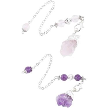 Imagem de 2 fios, 2 estilos, ametista natural áspera e quartzo rosa, pêndulos de cura de 20 cm, pedra preciosa Reiki com achados de liga para artesanato faça você mesmo e faça joias