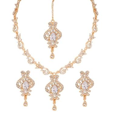 Imagem de Touchstone NOVO Bollywood indiano feito à mão intrincado Royal Rajwada inspiração nupcial redonda corte pera strass designer joias colar lustre brincos Mangtika conjunto em tom dourado para mulheres.