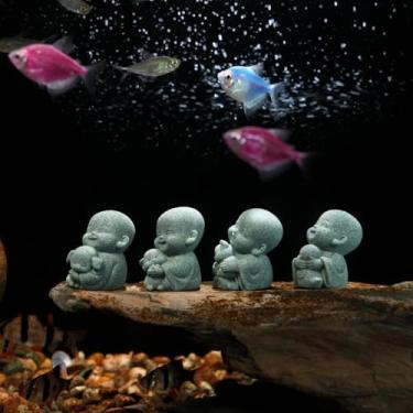 Imagem de FADECOR 4 peças de mini estátua de Buda com companheiro animal, decoração de aquário, escultura de arenito de monge zen Feng Shui, lindo ornamento de aquário pequeno para jardim doméstico, decoração