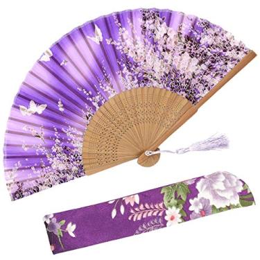 Imagem de OMyTea Ventoinhas femininas dobráveis de seda com moldura de bambu - com uma manga de tecido para proteção para presentes - Padrão Sakura Cherry Blossom (WZS-7)