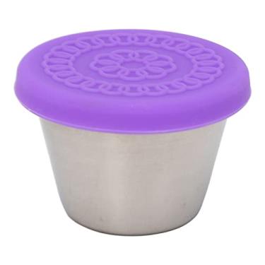Imagem de Recipiente de molho de aço inoxidável Mini recipiente de molho de imersão com tampa de silicone de vedação para cozinha de salão de beleza 70ml portátil armazenamento hermético de (Tampa Roxa)