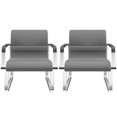 Imagem de Kit 02 Cadeiras De Escritório Recepção Fixa Pés Cromado Lev P03 Vinil Cinza - Lyam Decor
