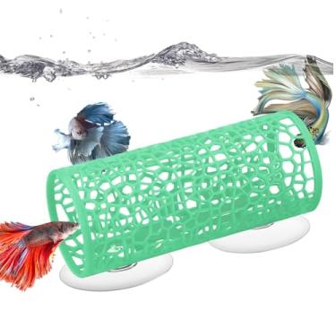 Imagem de huoflame Brinquedos de peixe Betta, rede de túnel, decoração segura de aquário para camarão de peixe pequeno, acessórios de tanque com ventosas perfeitos para esconderijo e área de lazer (verde)